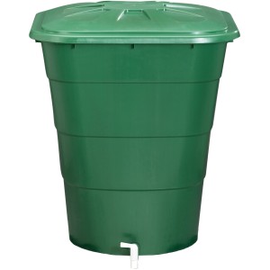 Grüne, eckige Garantia Regentonne 203 l mit Deckel und Hahn. Wassertank zur Regenwassernutzung.