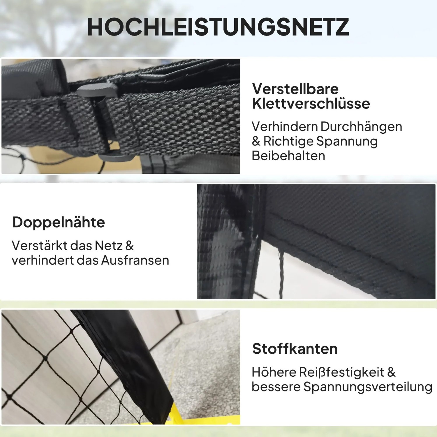 Nahaufnahmen des SPORTNOW Pickleball Netzes: verstellbare Klettverschlüsse, Doppelnähte, robuste Stoffkanten für Spannung.