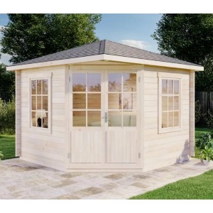 Alpholz Gartenhaus Monica-28, naturbelassen, 300x300 cm, mit Spitzdach. Holz-Gartenhaus mit Doppeltür und Fenstern.