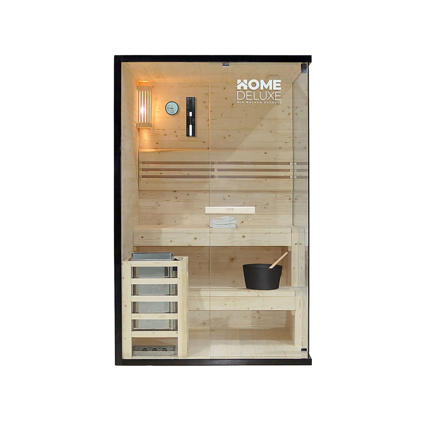 Home Deluxe Sauna SHADOW M für 2 Personen, traditionelle Holzsauna mit Glasfront und Zubehör.