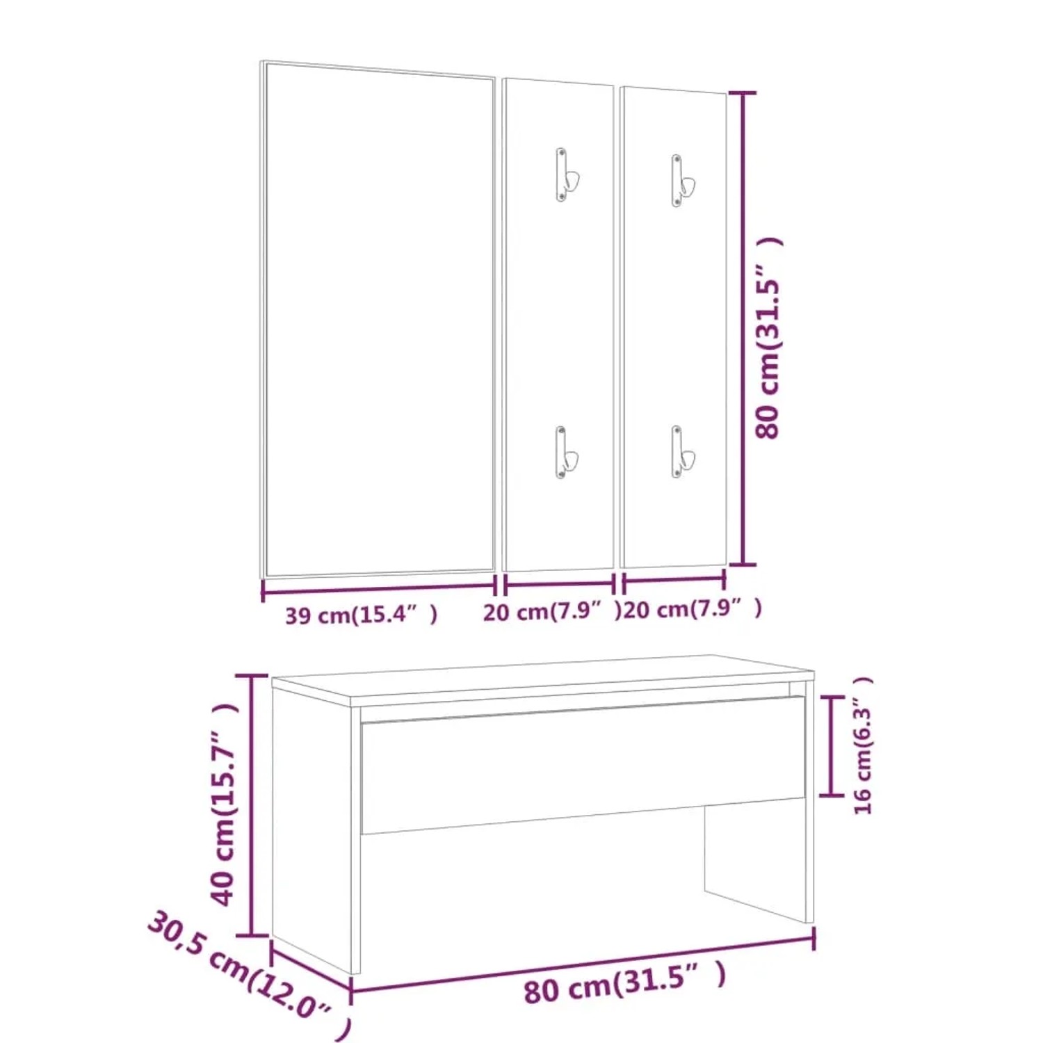 vidaXL Flurmöbel-Set Sonoma-Eiche: Bank, Spiegel und Garderobe mit Maßen.