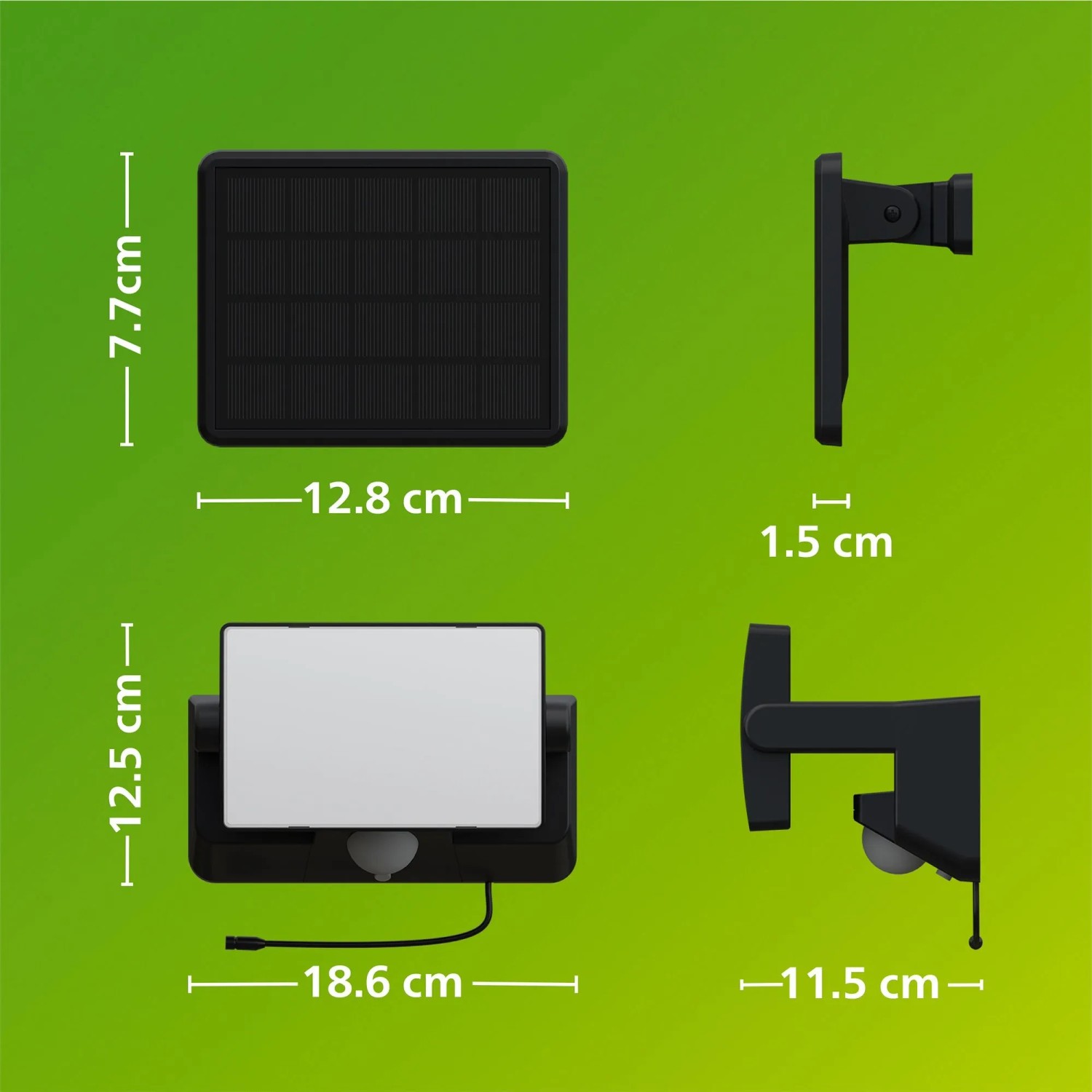 Philips Fyns Solar-LED-Wandleuchte in Schwarz mit Bewegungssensor und Maßen.