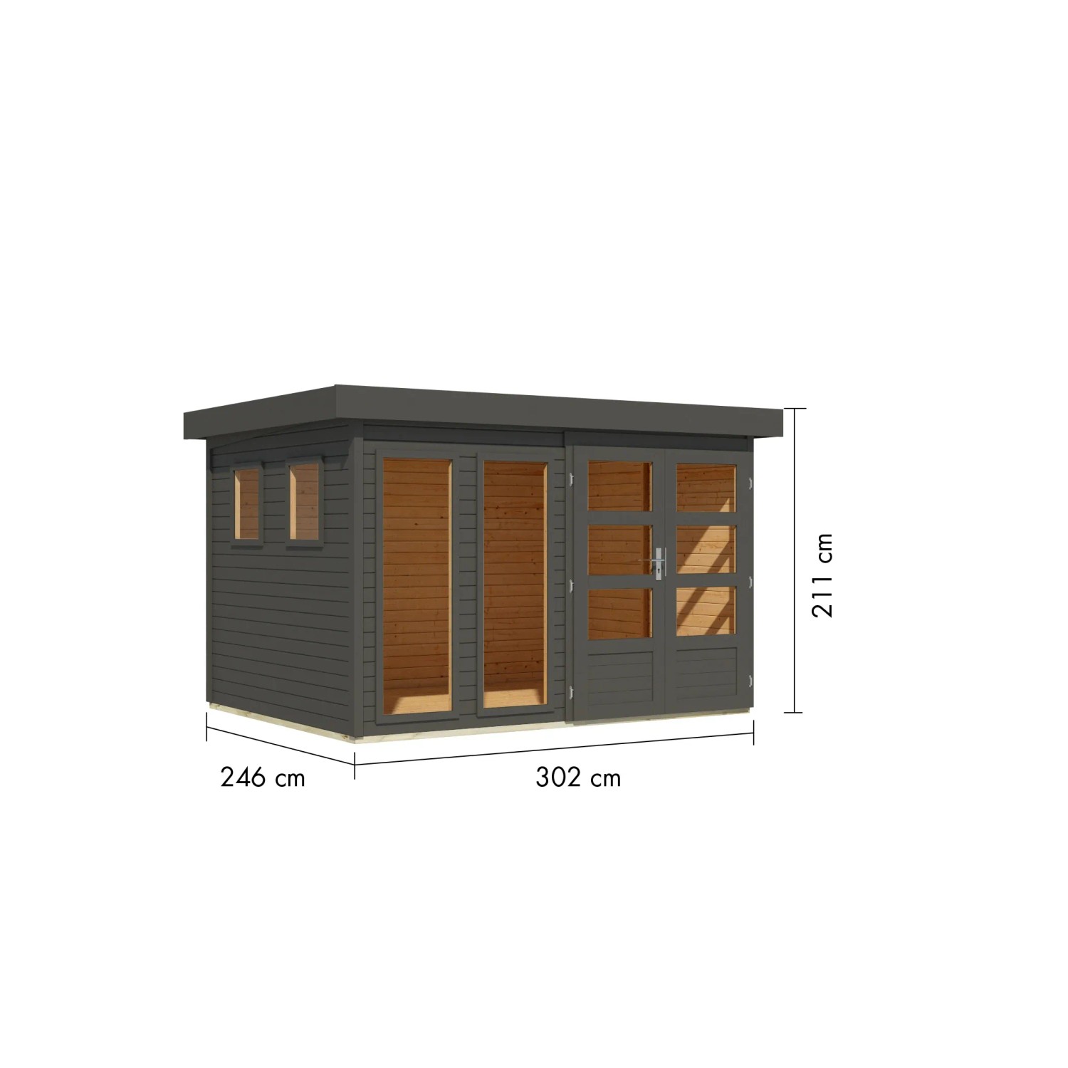 Karibu Gartenhaus Maradi 5, terragrau, mit Flachdach und Fenster. Holz-Gartenhaus mit Maßen.