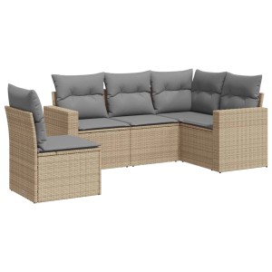 Beige 5-tlg. Garten-Sofagarnitur aus Rattan mit grauen Kissen.