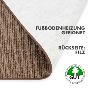 Detailansicht des hellbraunen Läufers Geneva: Florstruktur und Filzrückseite, geeignet für Fußbodenheizung.