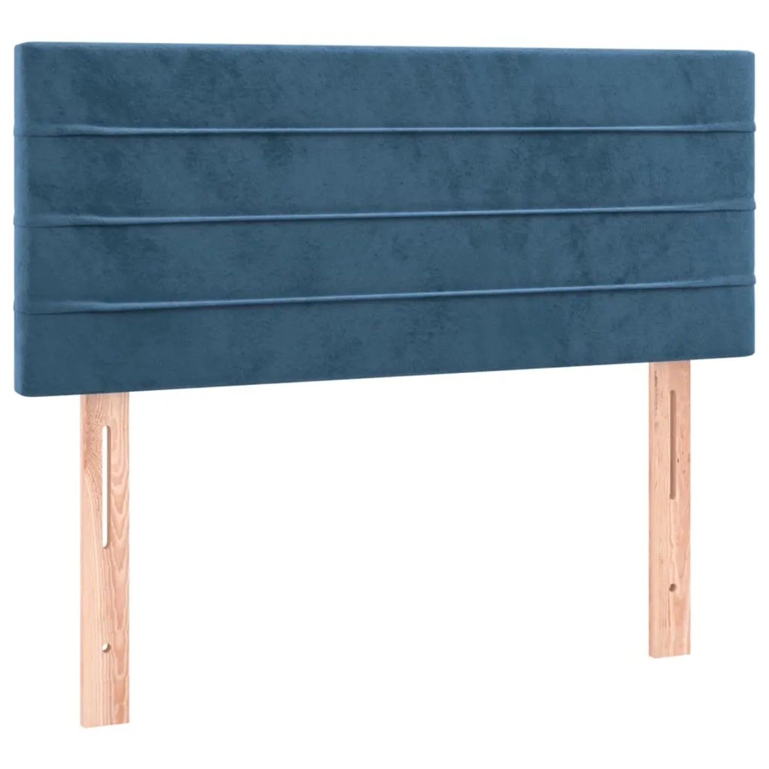 Dunkelblaues Samt-Kopfteil für Boxspringbett 90x190 cm mit Holzfüßen.