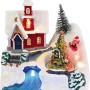 Beleuchtetes OBI Weihnachtsdorf mit roter Kirche, Tannenbaum, Snowboardfahrer und blauem Fluss. Mehrfarbige Kunststoff-Deko.