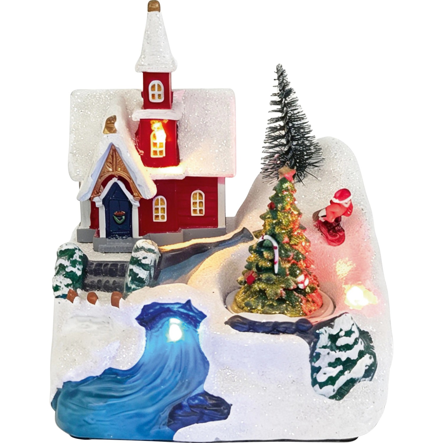 Beleuchtetes OBI Weihnachtsdorf mit roter Kirche, Tannenbaum, Snowboardfahrer und blauem Fluss. Mehrfarbige Kunststoff-Deko.