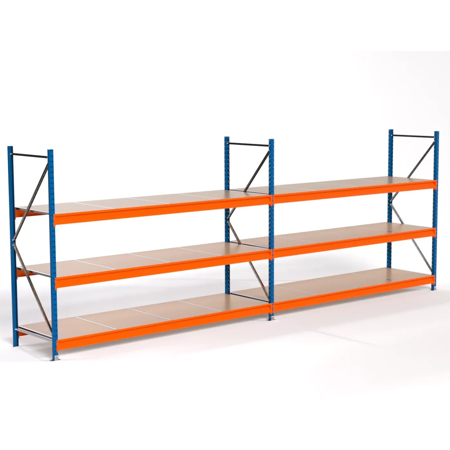 PROREGAL Industrie Weitspannregal Lagerregal MAXIMUS PRO Komplettregal 2 Felder HxBxT 200x550x80cm 3 Spanplatten-Fachboden Fachlast 450kg Blau/Orange