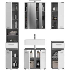 Badmöbel-Set Blake, 6-teilig, Hochglanz Weiß mit Spiegelschrank, Waschbeckenunterschrank und Hochschränken.
