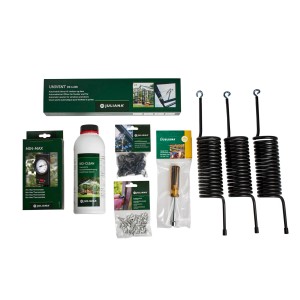 Juliana Startmix Zubehör-Set für Gewächshäuser: Fensteröffner, Thermometer, Pflanzenspiralen, Schraubenschlüssel, Schrauben, Reiniger.
