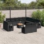 Schwarze 14-tlg. vidaXL Garten-Sofagarnitur aus Poly Rattan mit Kissen und Tisch.