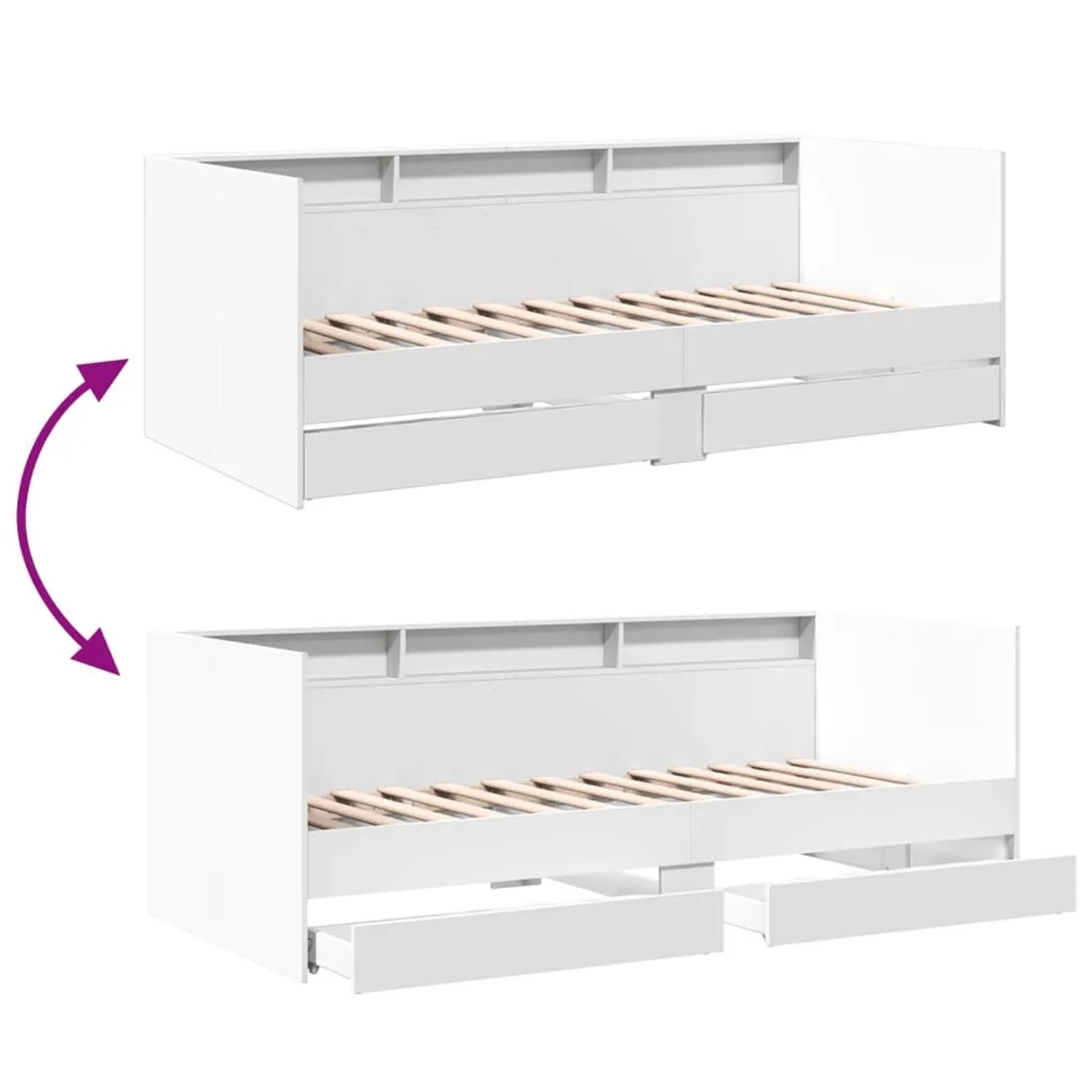 Weißes ausziehbares Tagesbett mit 2 Schubladen aus Holzwerkstoff, 100x200 cm. Ideal als Sofa und Bett mit Stauraum.