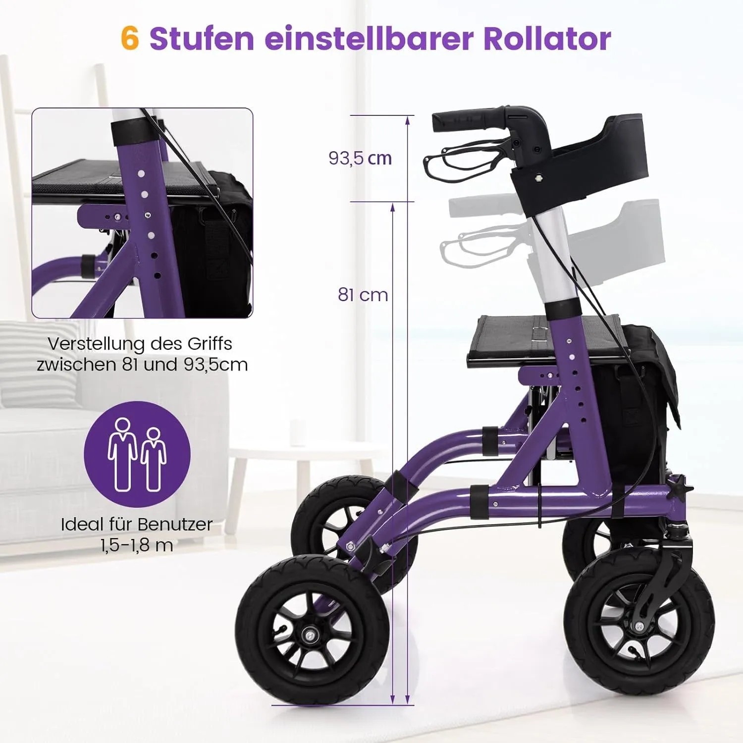 Costway Rollator lila mit Luftbereifung, faltbar, mit Sitz, bis 136 kg belastbar.