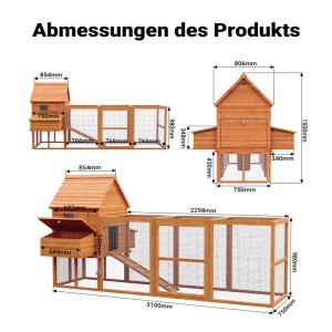 Wiltec Hühnerstall aus Tannenholz mit Freilauf. Detaillierte Ansicht des Hühnerhauses mit Nistkästen und Maßen 3100x1500x1500mm.