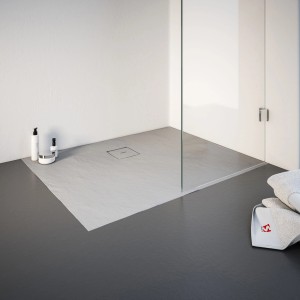 Rechteckige, graue Schulte Duschwanne ExpressPlus 100x75 cm in Steinoptik, bodeneben eingebaut.