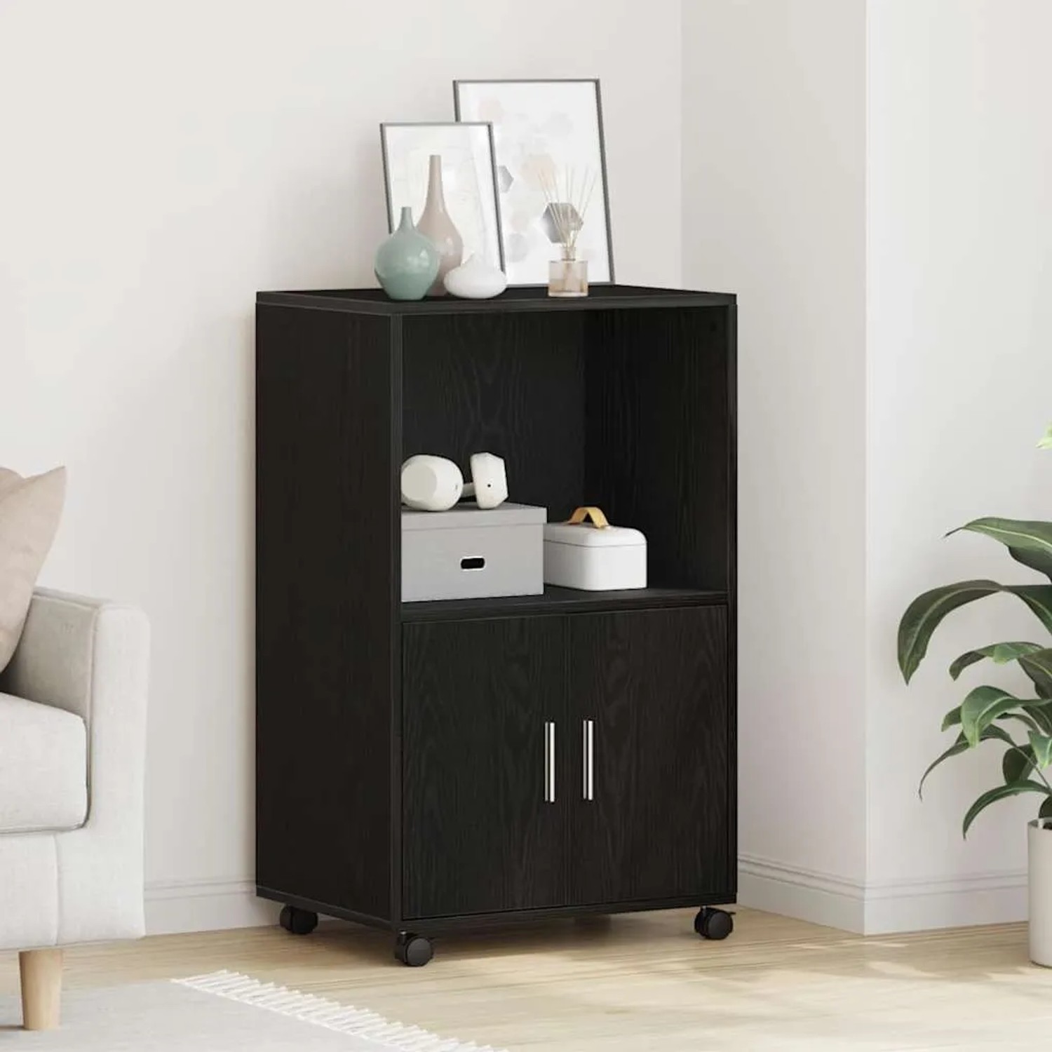 Rollender Schrank in Schwarz Eichen-Optik (55x40x91cm) mit zwei Türen. Ideal für Büro oder Wohnzimmer.