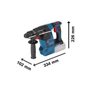 Blauer Bosch Professional Akku-Bohrhammer GBH 18V-26 mit Tiefenanschlag, Zusatzgriff und Maßen. Für Bohren in Beton.