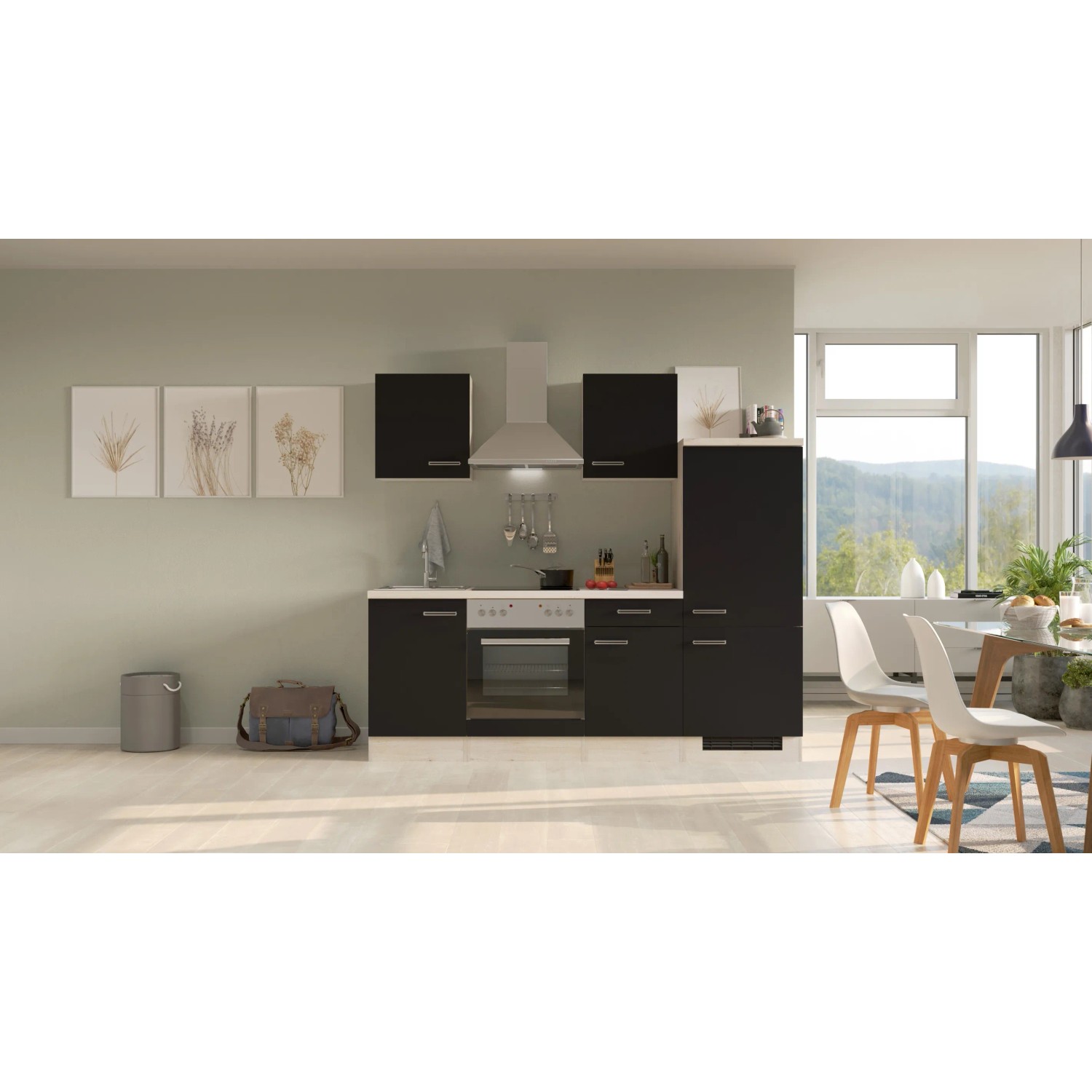 Flex-Well Küchenzeile Lara, 220 cm, Anthrazit/San Remo Eiche Dekor mit E-Geräten.