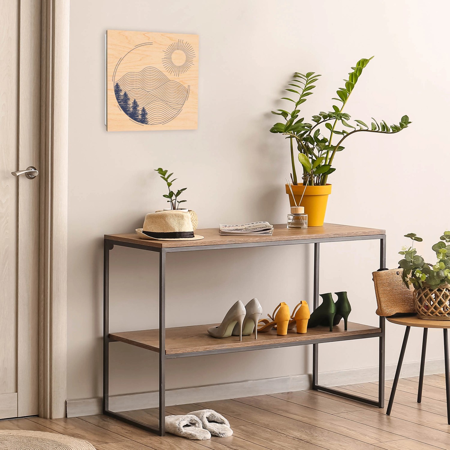 Banjado Schlüsselkasten 30x30cm mit abstrakter Landschaft auf Holzfront, 50 Haken zur Schlüsselaufbewahrung.