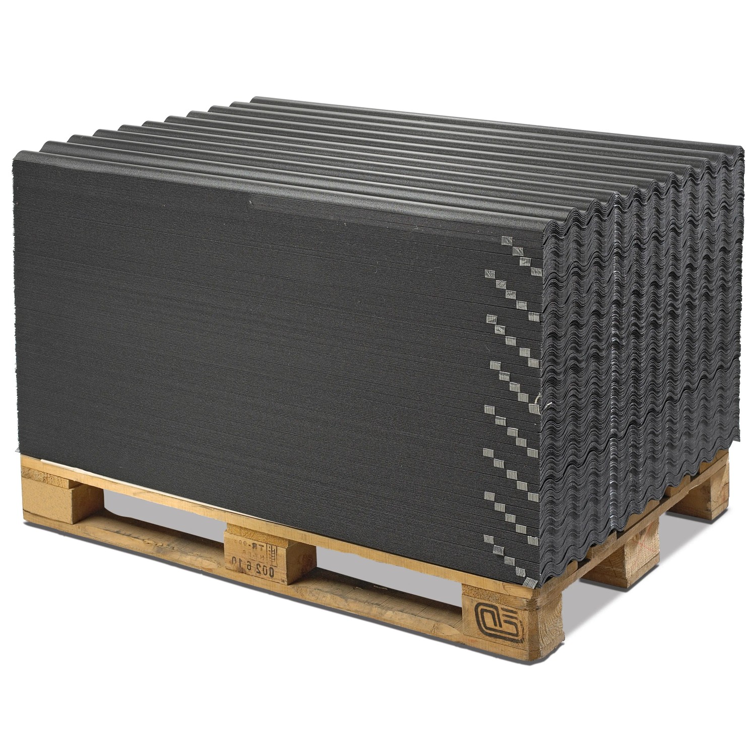 Stapel schwarze PVC-Wellplatten Sinus 76/18 (80x120 cm) für Kunststoffbedachung auf Palette.