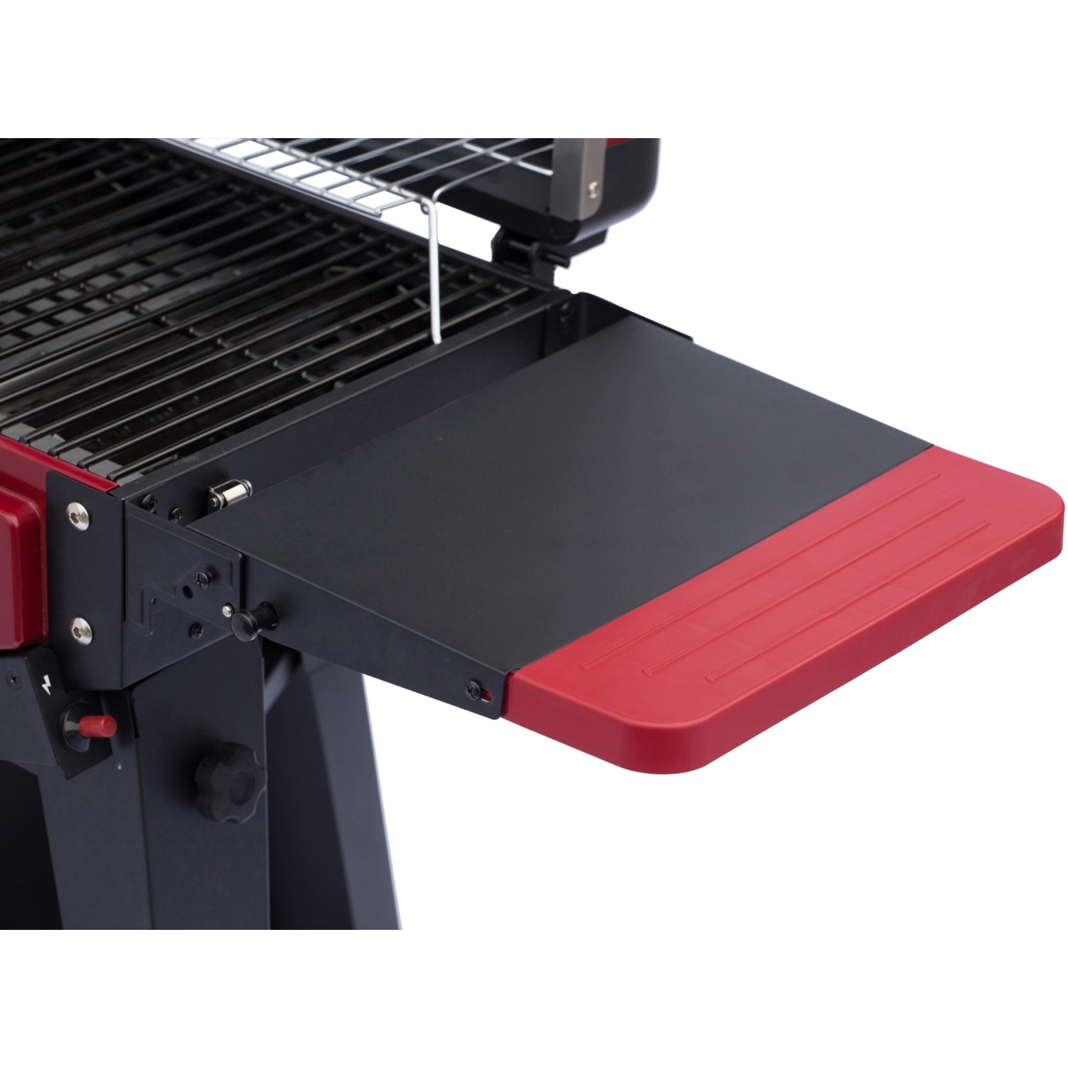 Detailaufnahme: El Fuego Tischgasgrill Smoker Medison, rot, mit Ablagetisch.