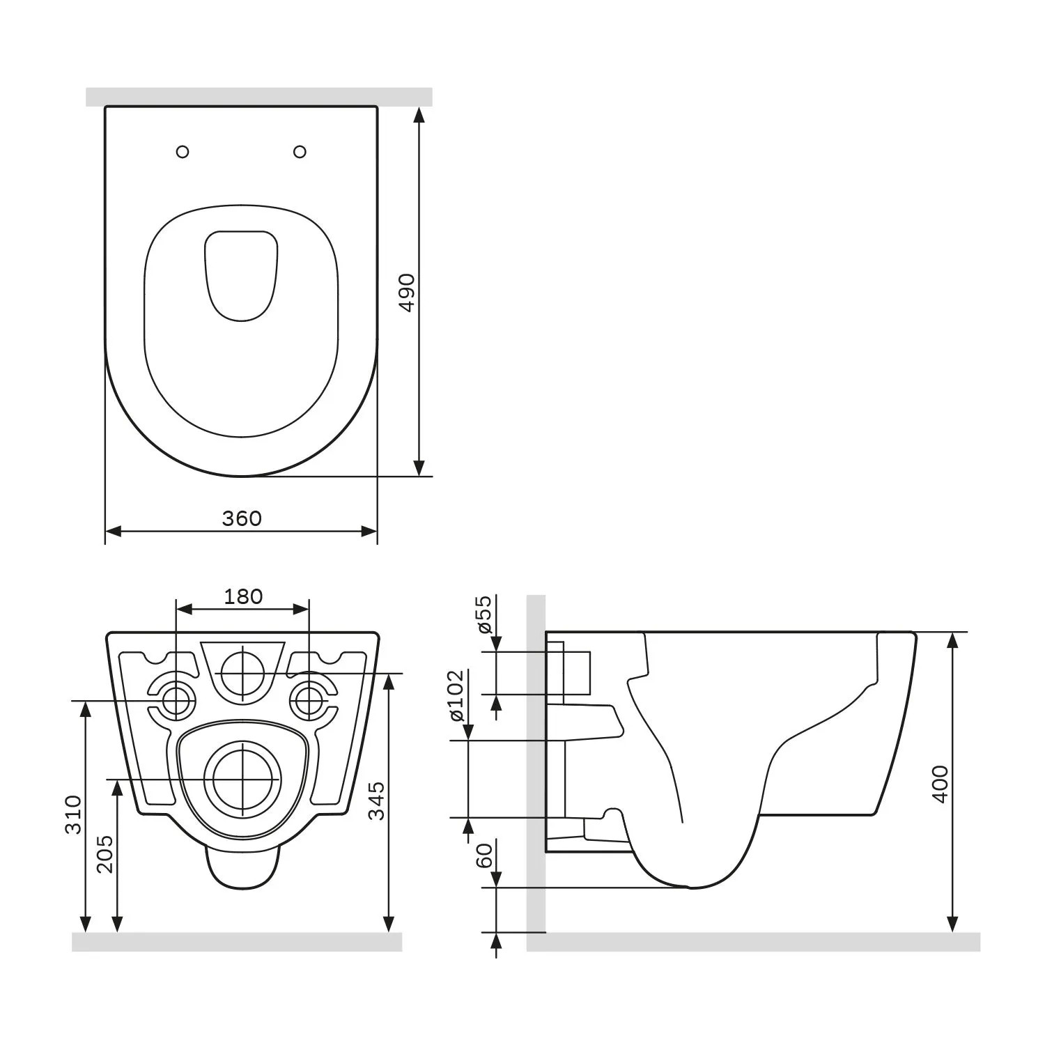 Technische Zeichnung: AM.PM Wand-WC Func mit Softclosing-Sitz, spülrandloses Hänge-WC mit Maßen.
