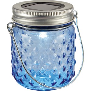 Blaues Solar LED Glas, 7x8 cm, mit Tragegriff. Dekorative Solarleuchte für Garten und Balkon.
