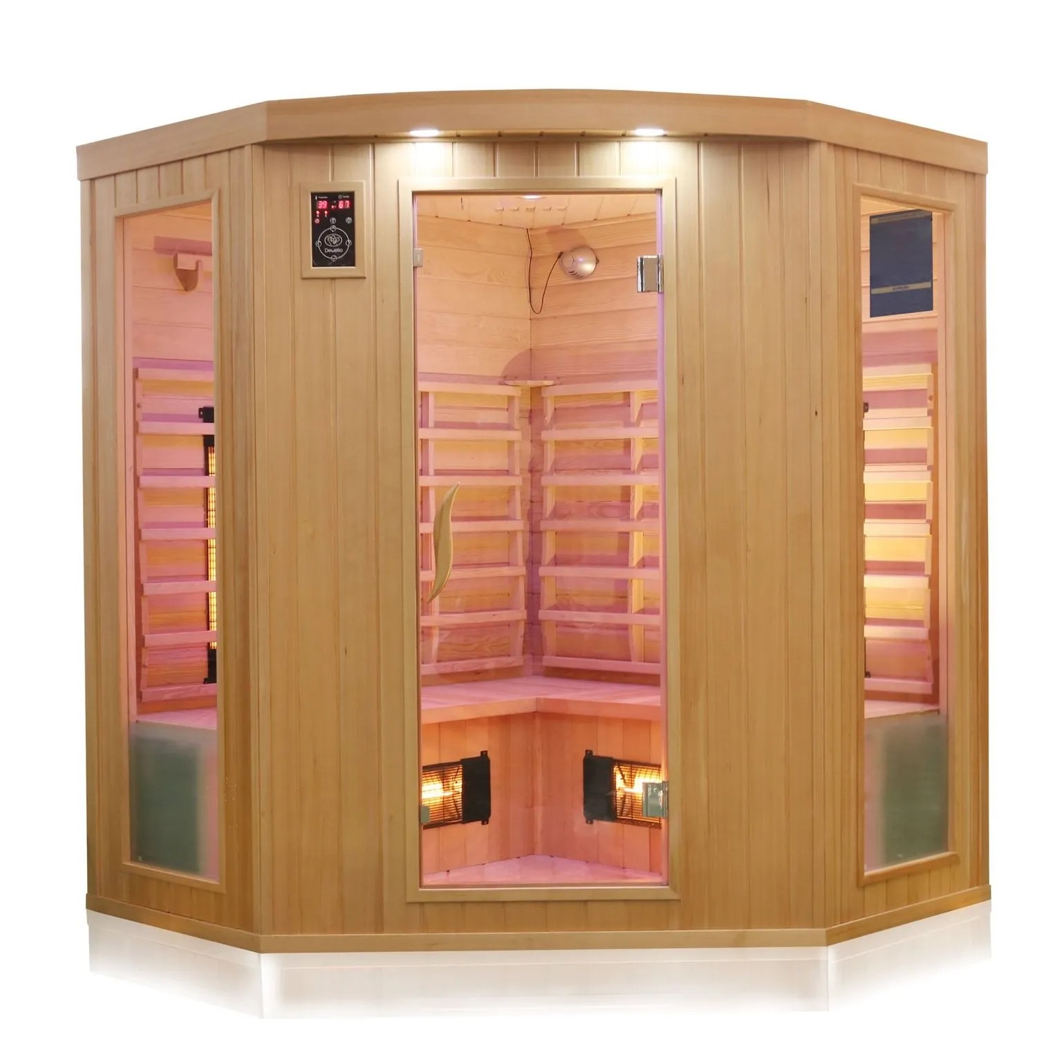 Dewello Infrarotkabine Haley für 2-4 Personen aus Hemlock Tannenholz mit Vollspektrumstrahler.