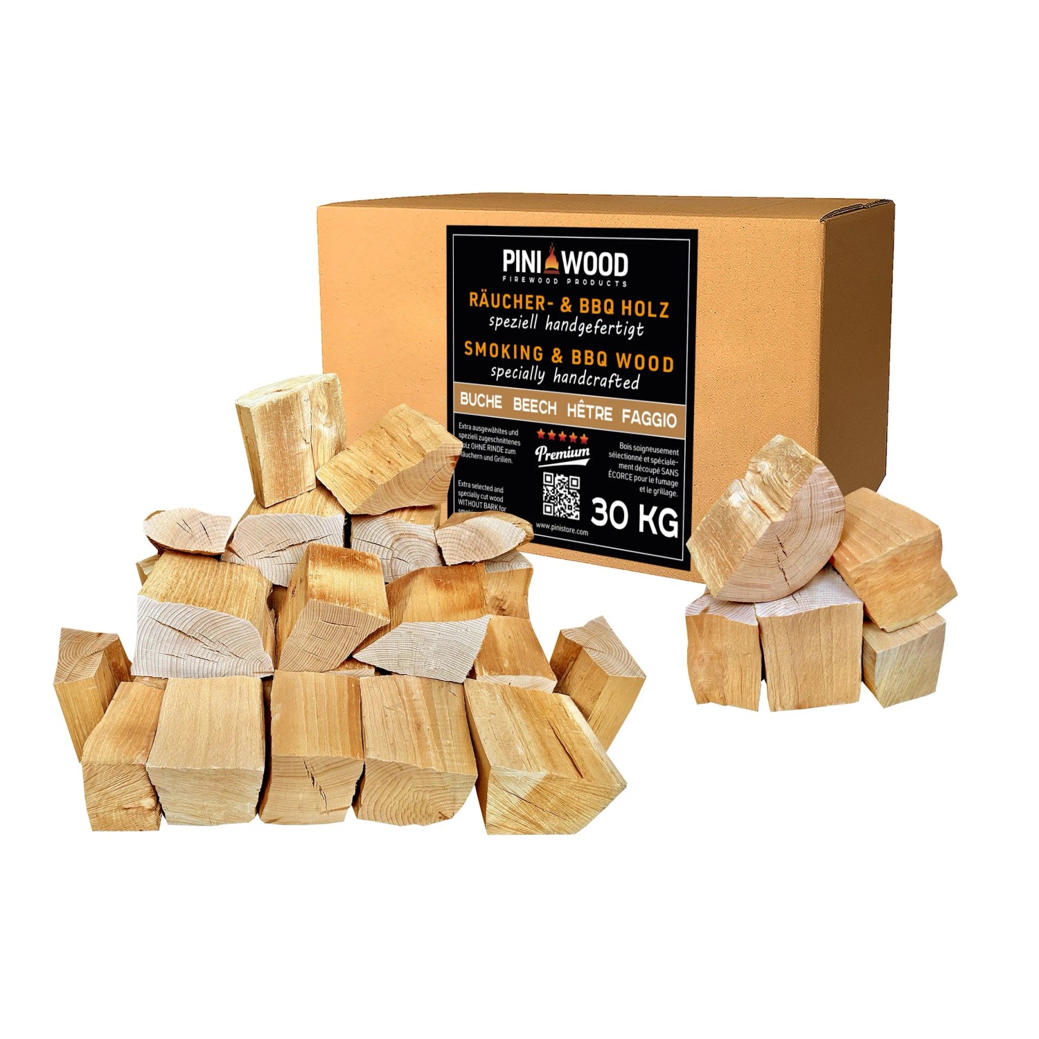 PINI 30 kg Räucherholz Smokerholz Grillholz BBQ-Holz Wood Chunks Buchenholz OHNE RINDE  für Smoker Grill