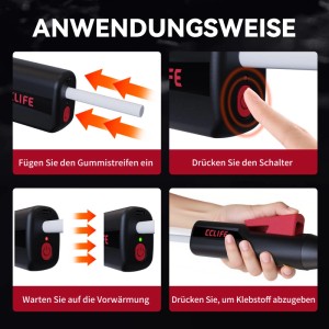 Anleitung: CCLIFE Akku Heißklebepistole. Klebestick einsetzen, einschalten, grüne LED zeigt Betriebsbereitschaft, Klebstoff abgeben.