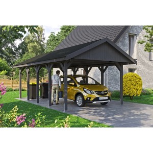 Satteldach-Carport Wallgau in Schiefergrau mit schwarzem Schindeldach und gelbem Auto.