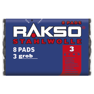 RAKSO Stahlwolle Pads, Sorte 3 (grob), 8 Stück. Schleifmittel für Holz, Lack und Glas.