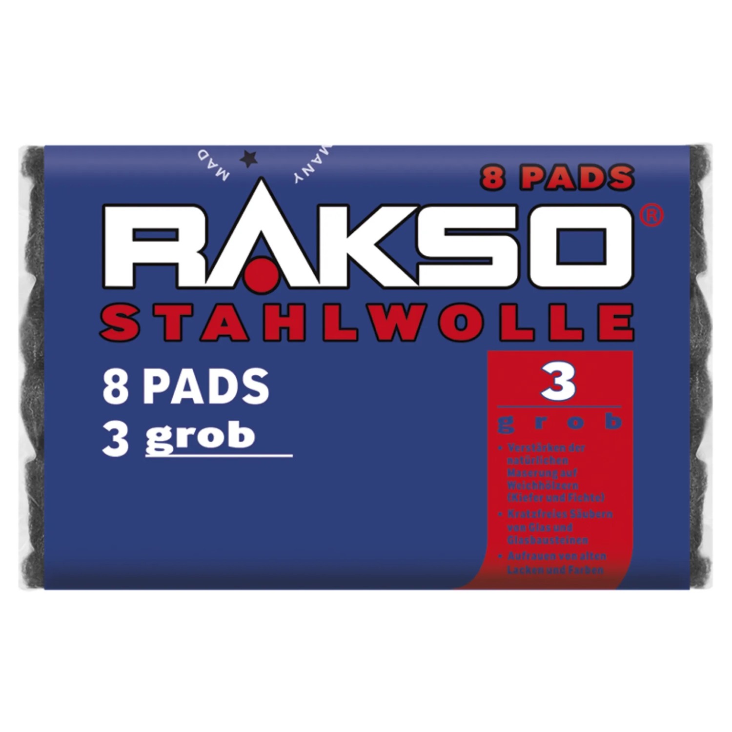 RAKSO Stahlwolle Pads Sorte 3 Grob 1 x 8 Stück