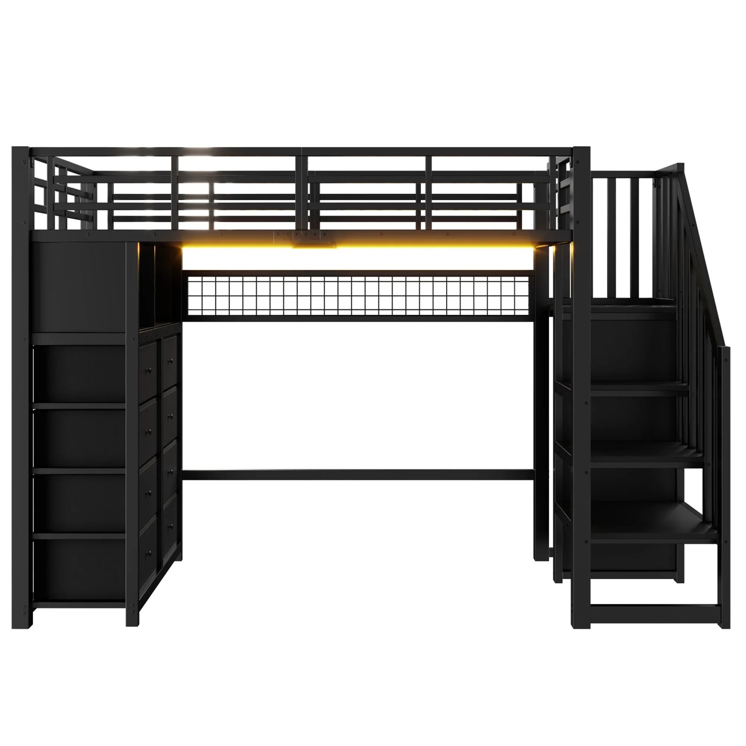 Merax Metall Kinder Hochbett 90x200 cm Mit 8 Schubladen Aufbewahrungsleiter Regalen LED Schwarz