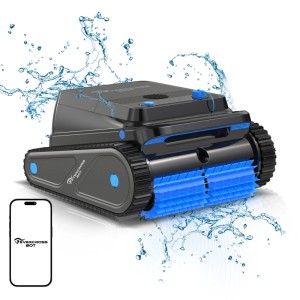 Schwarzer EVERCROSS BOT U8 Poolroboter mit App zur Boden- und Wandreinigung.