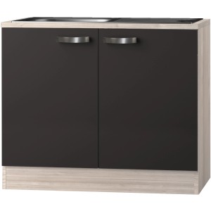 Optifit Spülenunterschrank Faro220, 100cm, anthrazit-braun mit Spüle und zwei Türen.