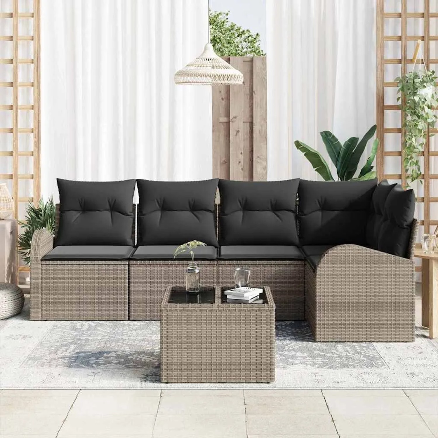 Graues 6-tlg. vidaXL Garten-Sofa-Set aus Poly Rattan mit Kissen und Tisch.