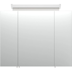 Posseik Spiegelschrank, 80 cm breit, weiß, mit drei Türen und Aufsatzleuchte.
