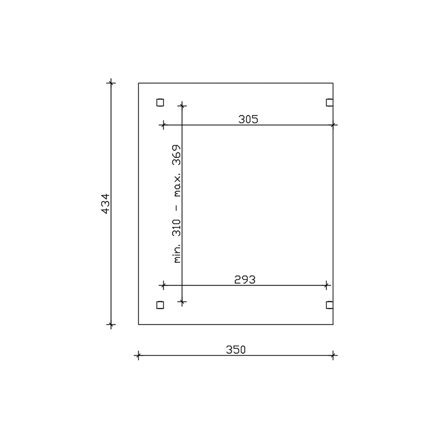Technische Zeichnung der Skan Holz Terrassenüberdachung Sanremo 434x350 cm, Maße und Details.