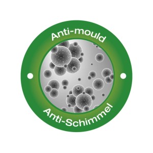 Grünes Anti-Schimmel-Logo für Duschvorhang. Zeigt abgewehrte Schimmelsporen, symbolisiert Hygiene und Schutz.