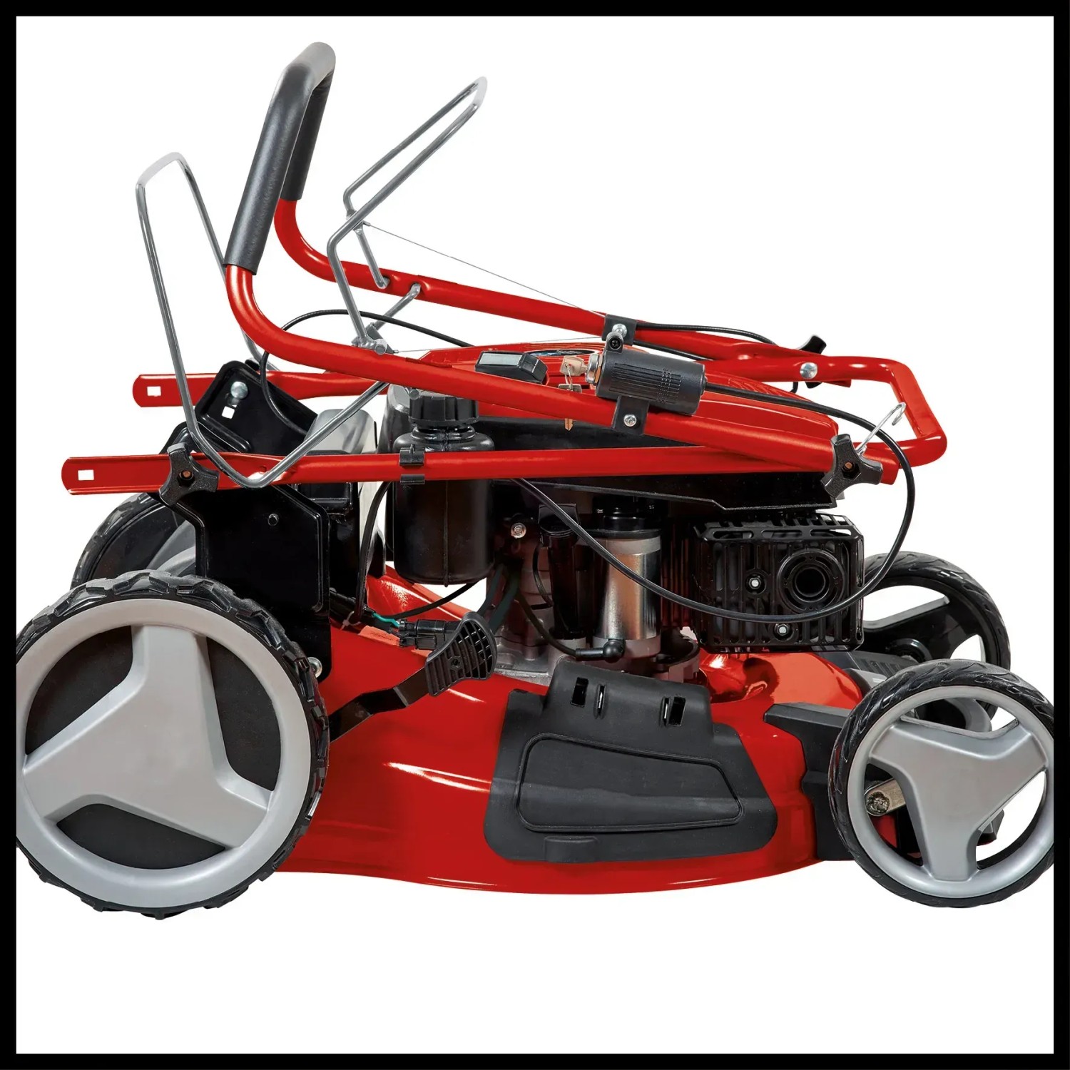 Einhell GC-PM 51/3 S HW-E Benzin-Rasenmäher, rot, mit klappbarem Holm und großen Rädern.