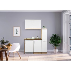 Respekta Miniküche MK130ESWOSC, 130 cm, Weiß/Eiche Sägerau Nachbildung mit Kühlschrank und Glaskeramikkochfeld.