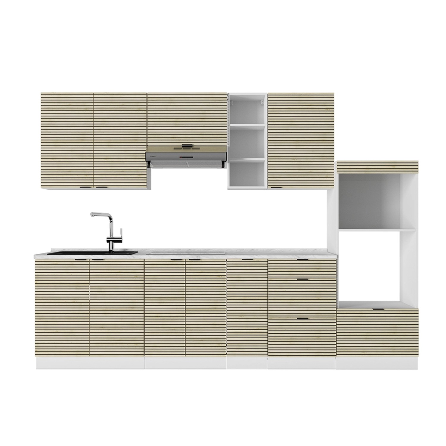 Vicco Fame-Line Küchenzeile Eiche Paneel/Weiß 280 cm AP Marmor günstig online kaufen