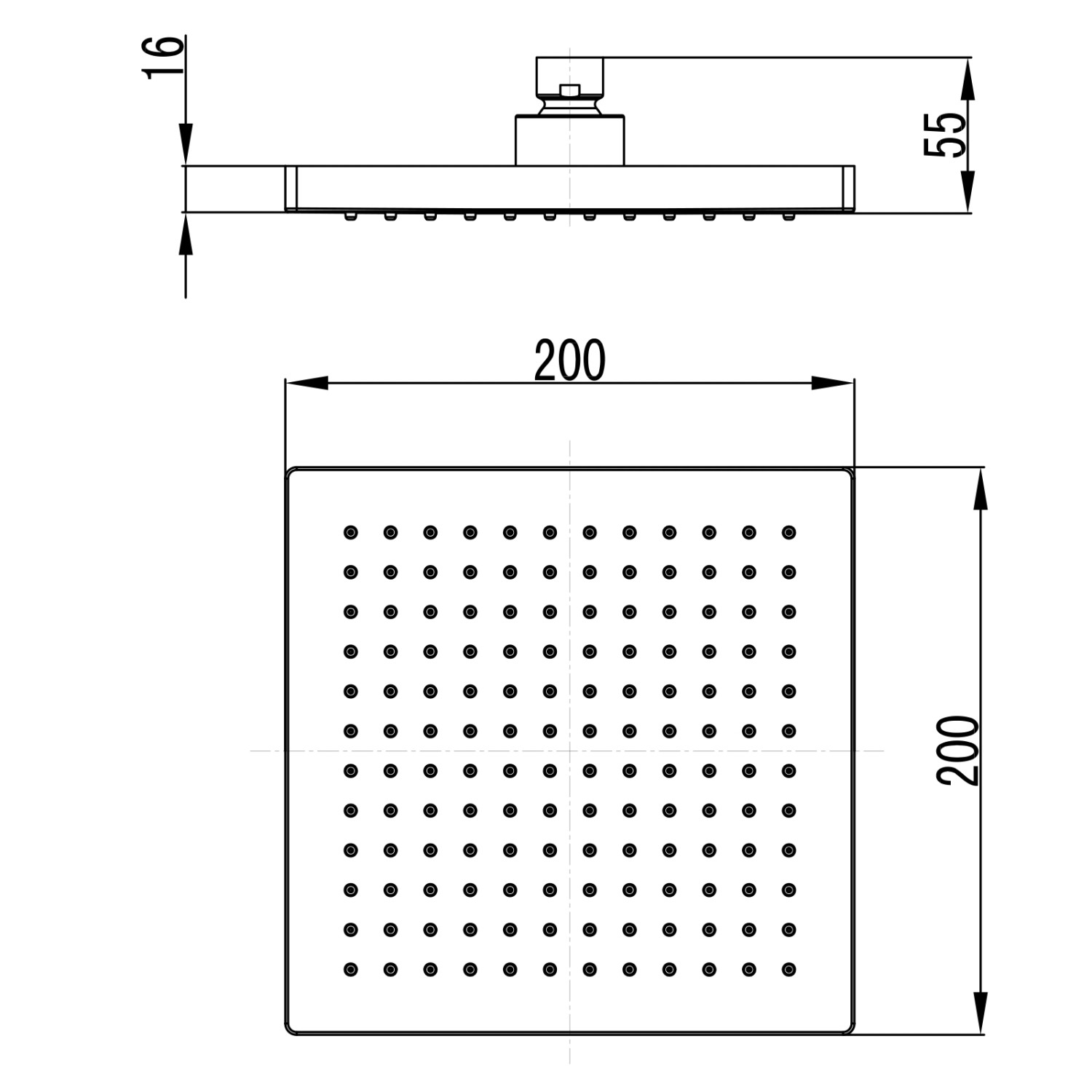 Technische Zeichnung: PaulGurkes Regendusche 20x20 cm für Duschsystem, Maße und Details.