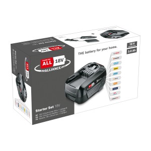 Akku-Allianz 18V Starter-Set mit 3Ah Akku und Ladegerät AL18V-20 im Karton.