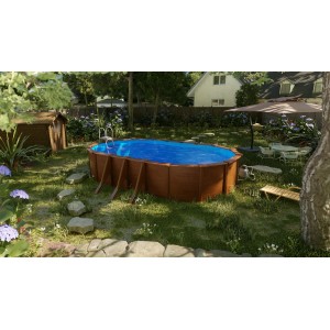 Ovaler Gre Pool Pacific mit Holzoptik (730x375x120 cm) im Garten mit Leiter und Sandfilteranlage.