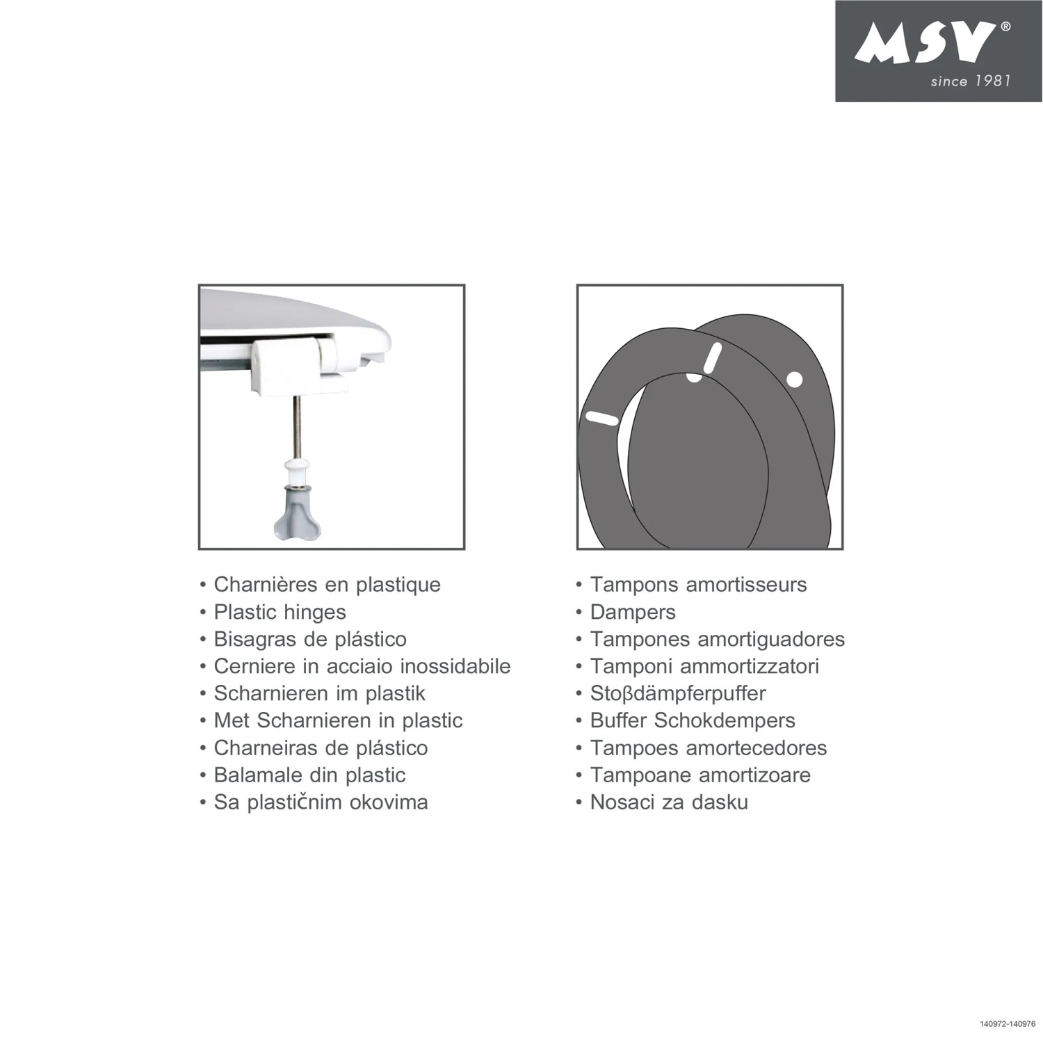MSV WC-Sitz aus Polypropylen, weiße Ausführung, Details zu Scharnieren und Dämpfern.
