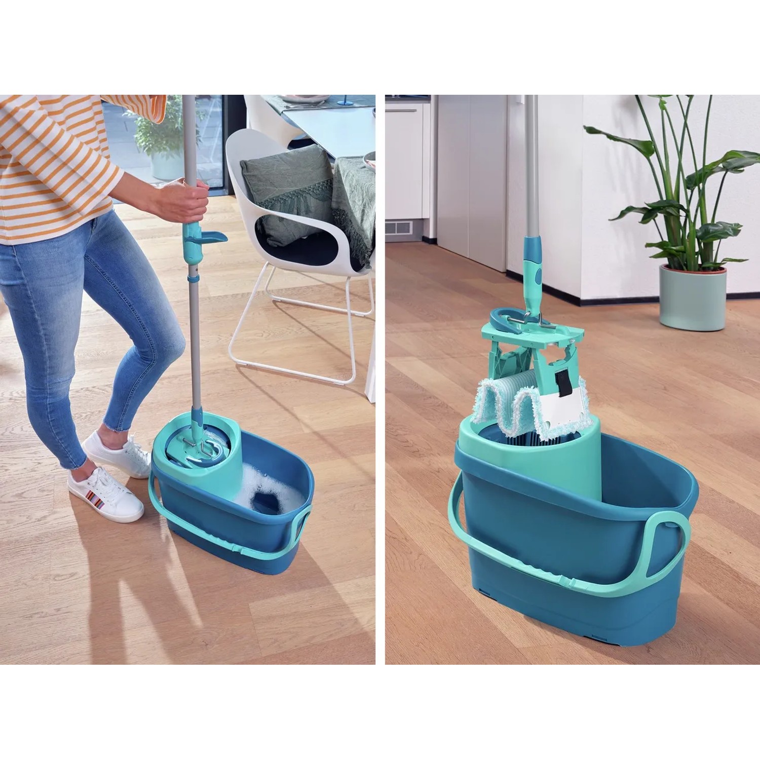 Leifheit Clean Twist M Ergo Bodenwischer-Set mit Eimer und Schleuder in Türkis und Grau.