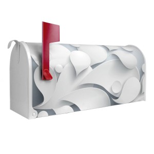 Weißer US Briefkasten mit Papiertropfen Motiv, Stahl, rote Fahne.
